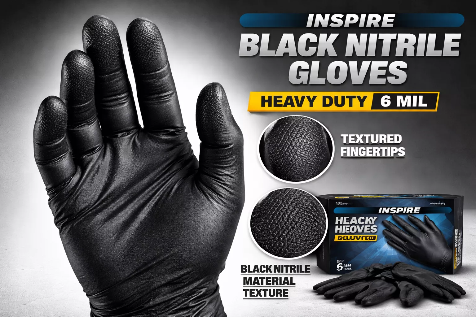 Detailed showcase of Inspire Black Nitrile Gloves HEAVY DUTY 6 Mil highlighting the textured fingertips and black nitrile