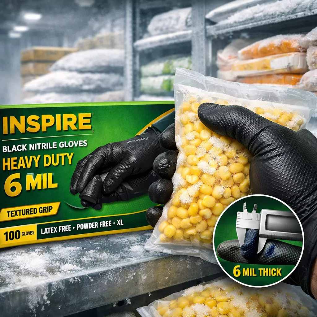 Detailed showcase of Inspire Black Nitrile Gloves HEAVY DUTY 6 Mil highlighting the textured grip surface and 6 mil