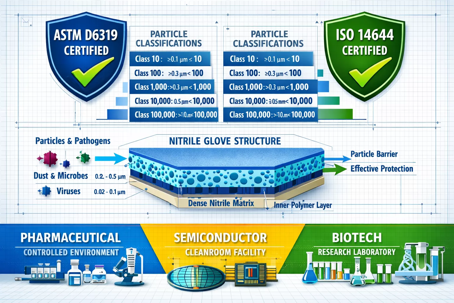 Detailed () technical infographic showing side-by-side comparison of ASTM D6319 and ISO 14644 certification badges with