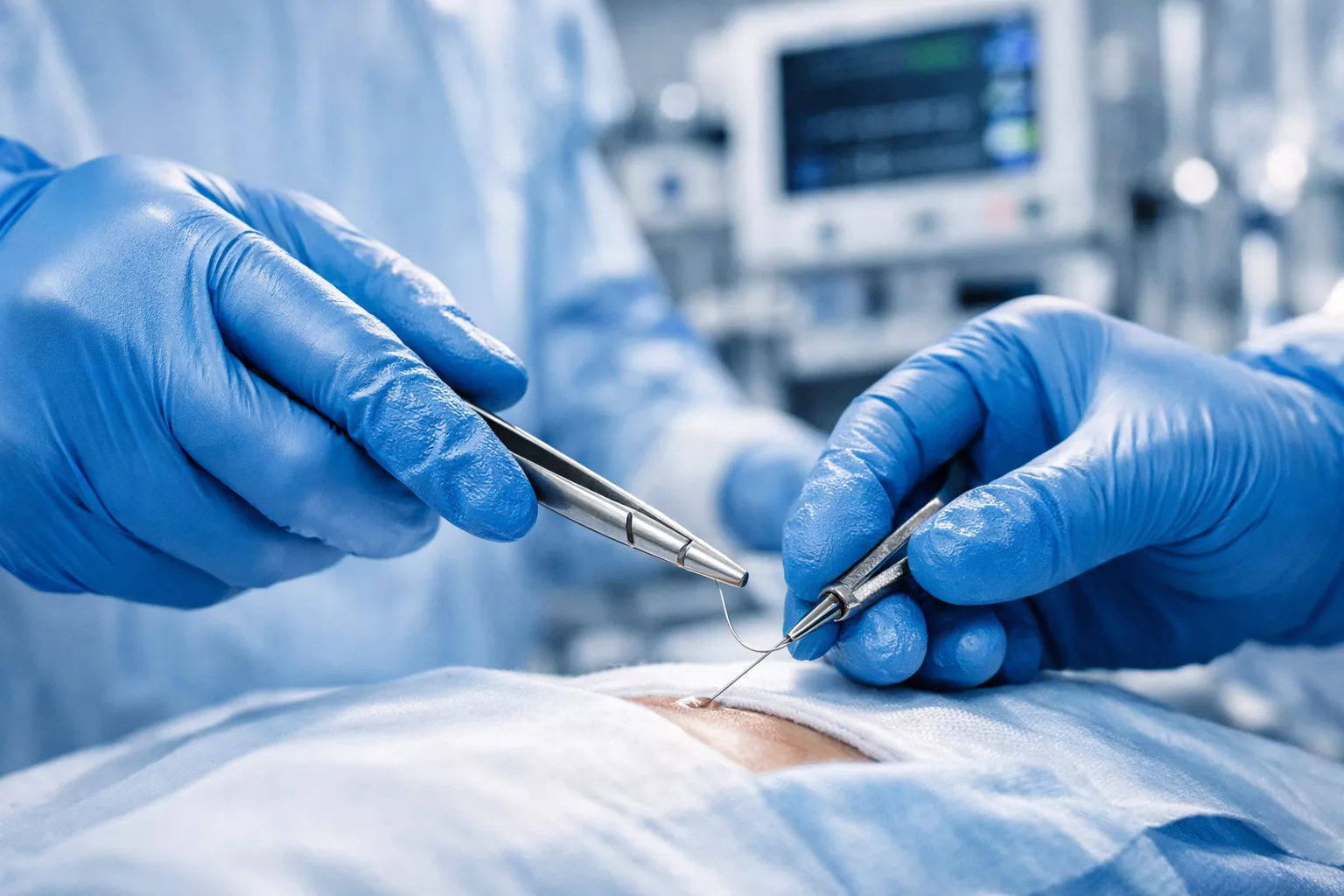 Professional () editorial hero image showing a close-up of healthcare worker's gloved hands in blue nitrile gloves