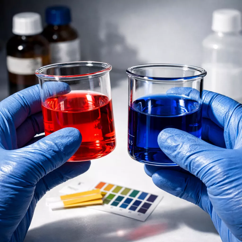 Professional () editorial image showing a close-up of blue nitrile gloved hands holding two clear laboratory beakers