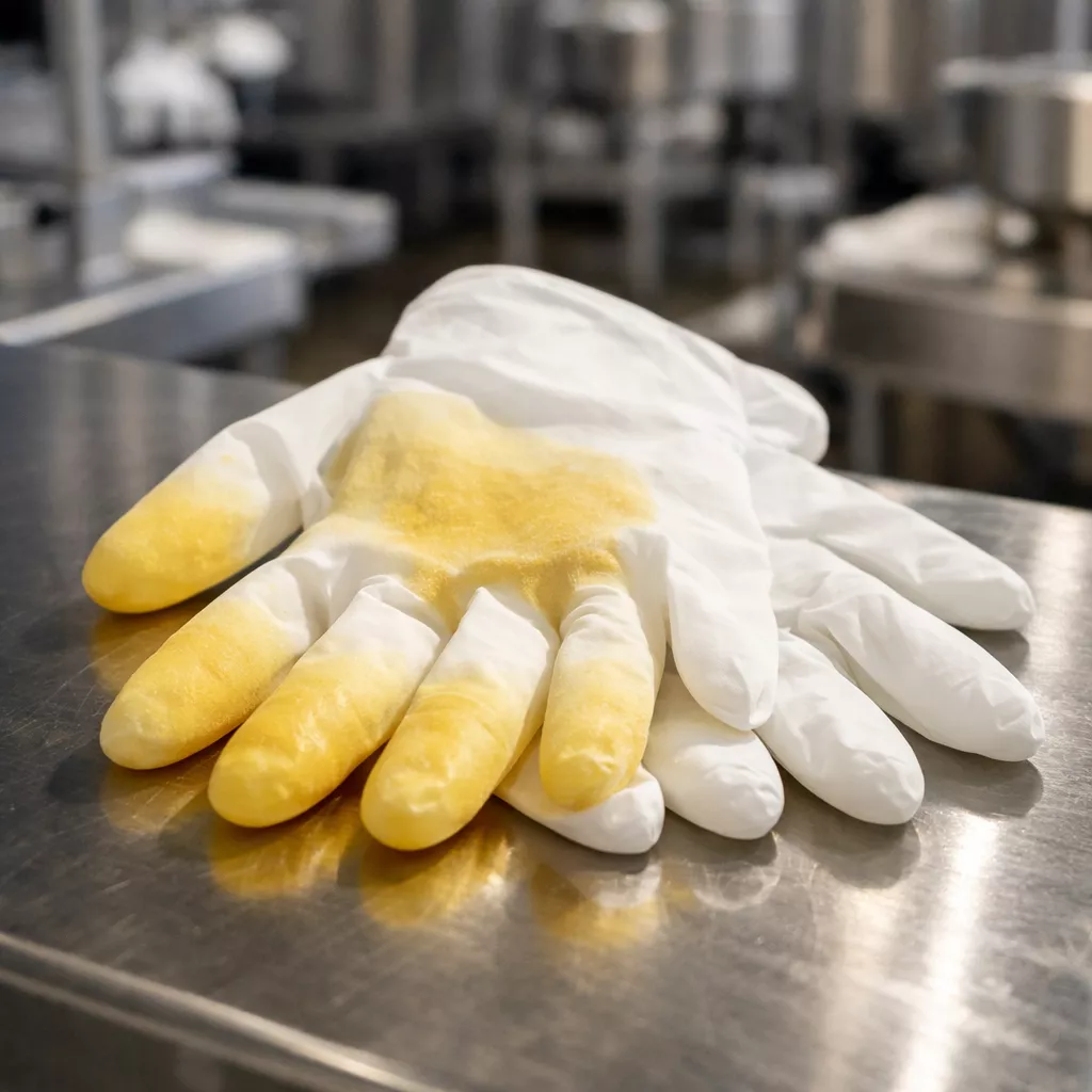 Professional () editorial image showing a close-up of white nitrile gloves with visible yellowing discoloration on the