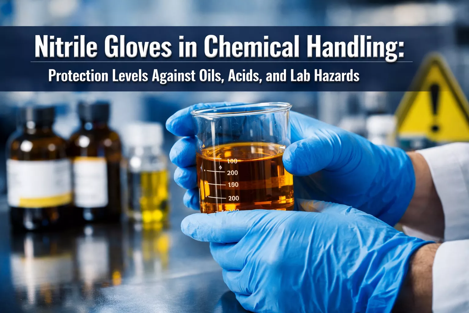 Professional () hero image featuring 'Nitrile Gloves in Chemical Handling: Protection Levels Against Oils, Acids, and Lab