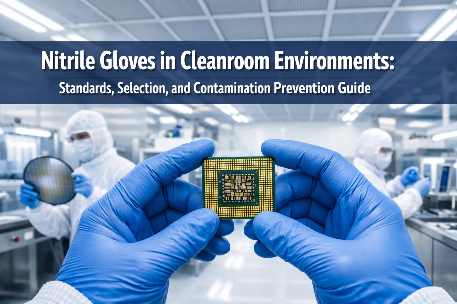 Professional () hero image featuring 'Nitrile Gloves in Cleanroom Environments: Standards, Selection, and Contamination