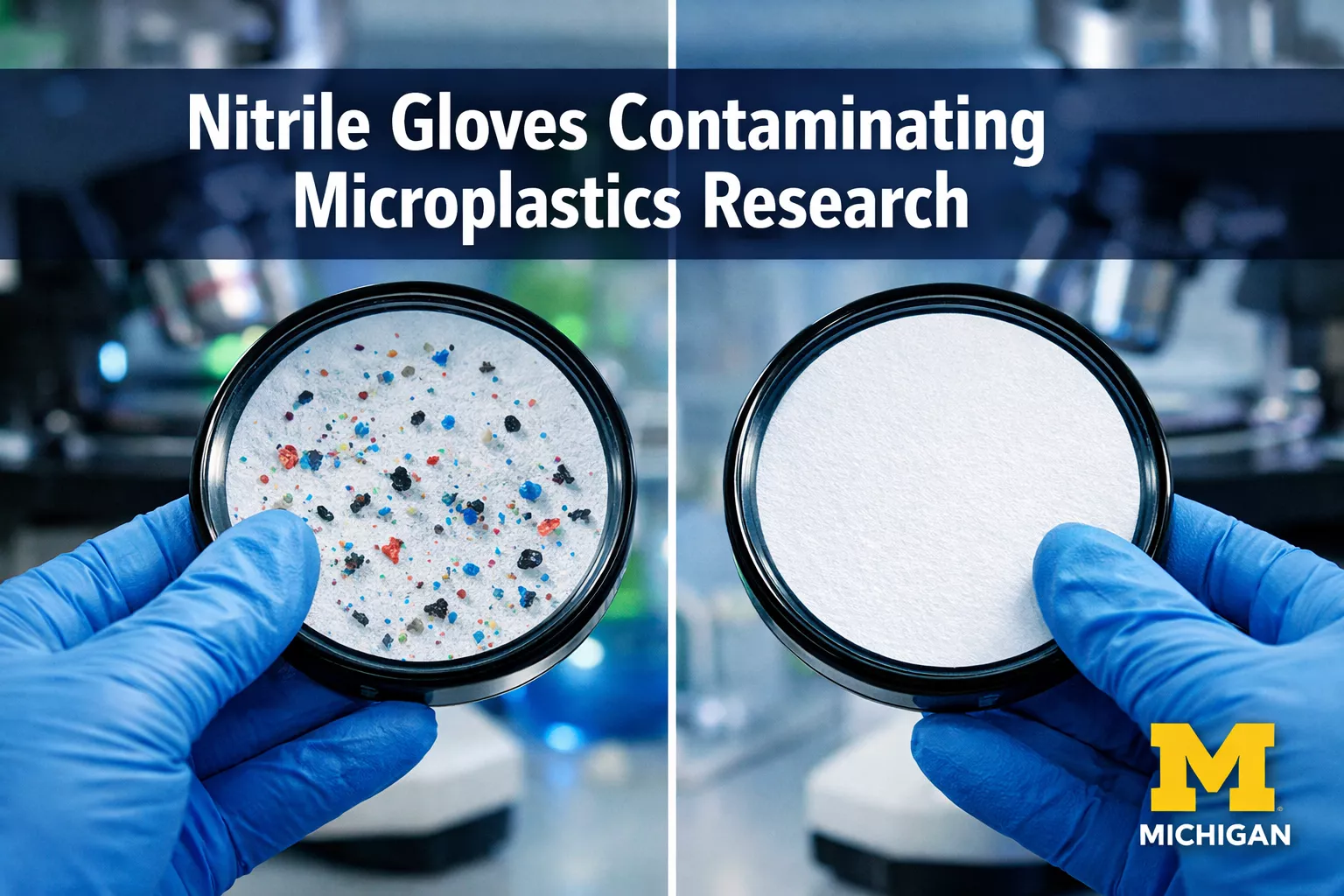 Professional () hero image with 'Nitrile Gloves Contaminating Microplastics Research' in extra large white with dark and