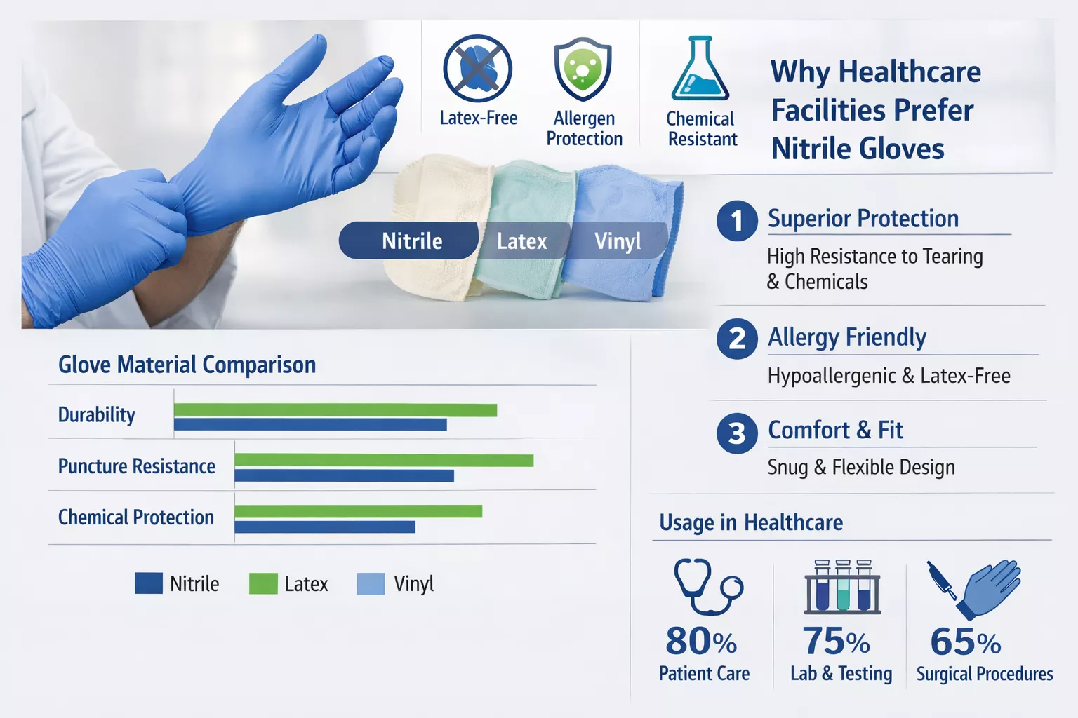 Professional landscape infographic () for article "Maximizing Safety: The Role of Nitrile Gloves in Healthcare", section: