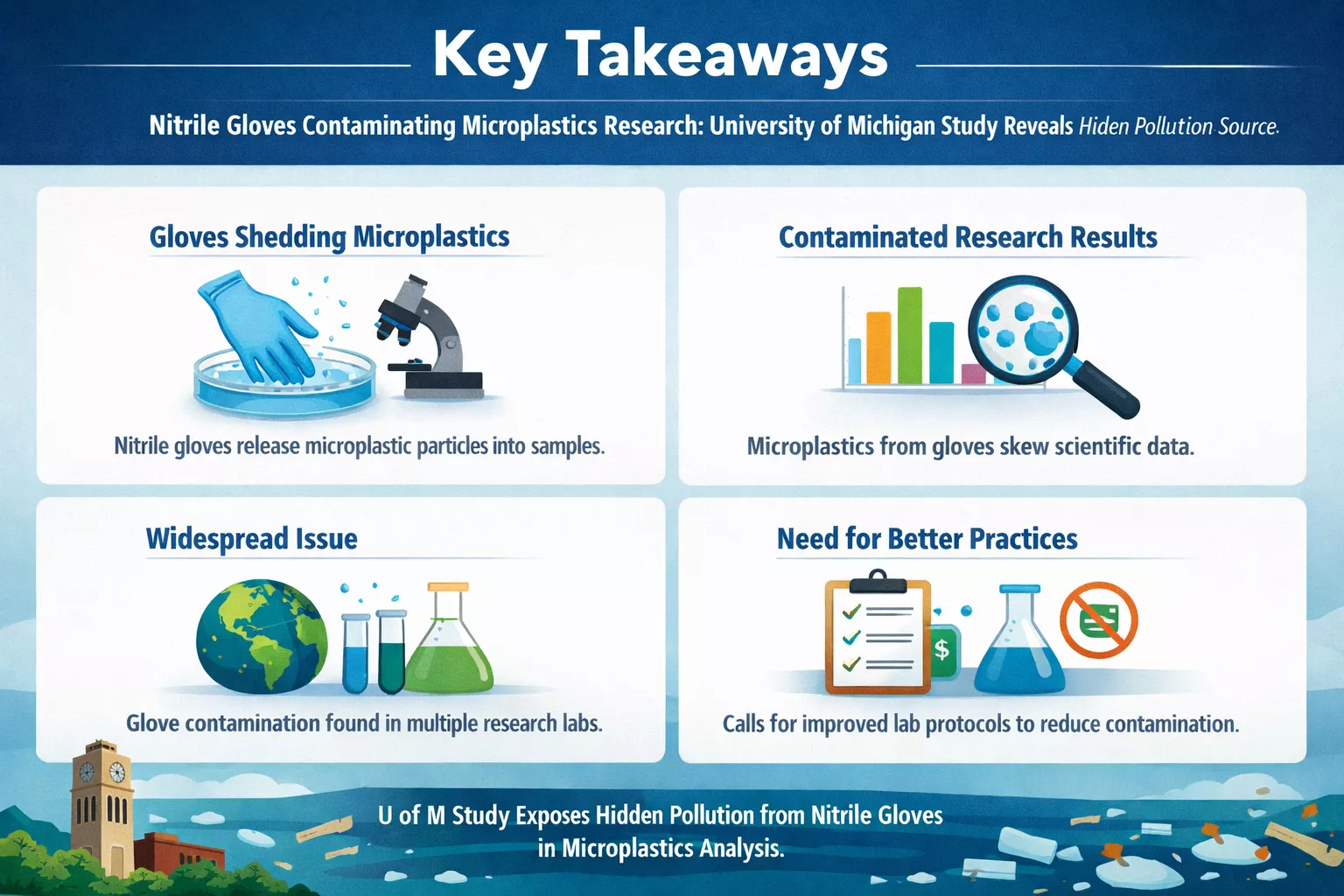 Professional landscape infographic () for article "Nitrile Gloves Contaminating Microplastics Research: University of