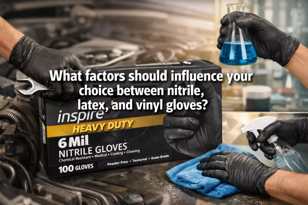 What factors should influence your choice between nitrile, latex, and vinyl gloves?