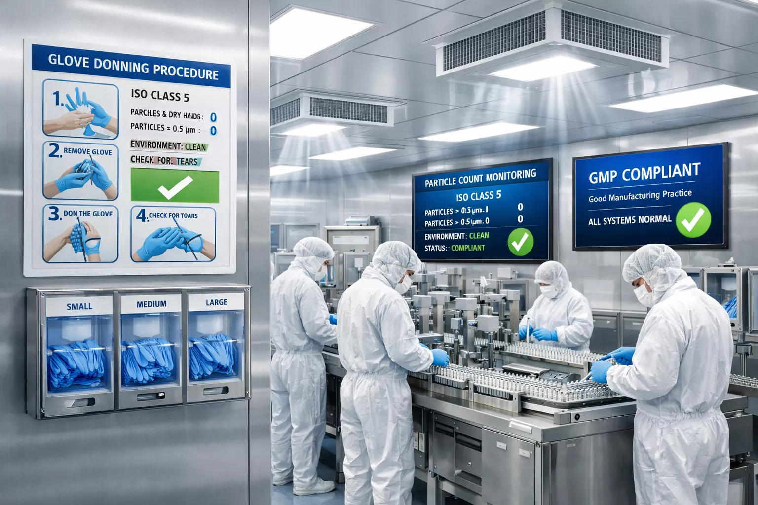 Wide-angle () image of pharmaceutical manufacturing cleanroom interior showing ISO Class 5 environment. Multiple technicians