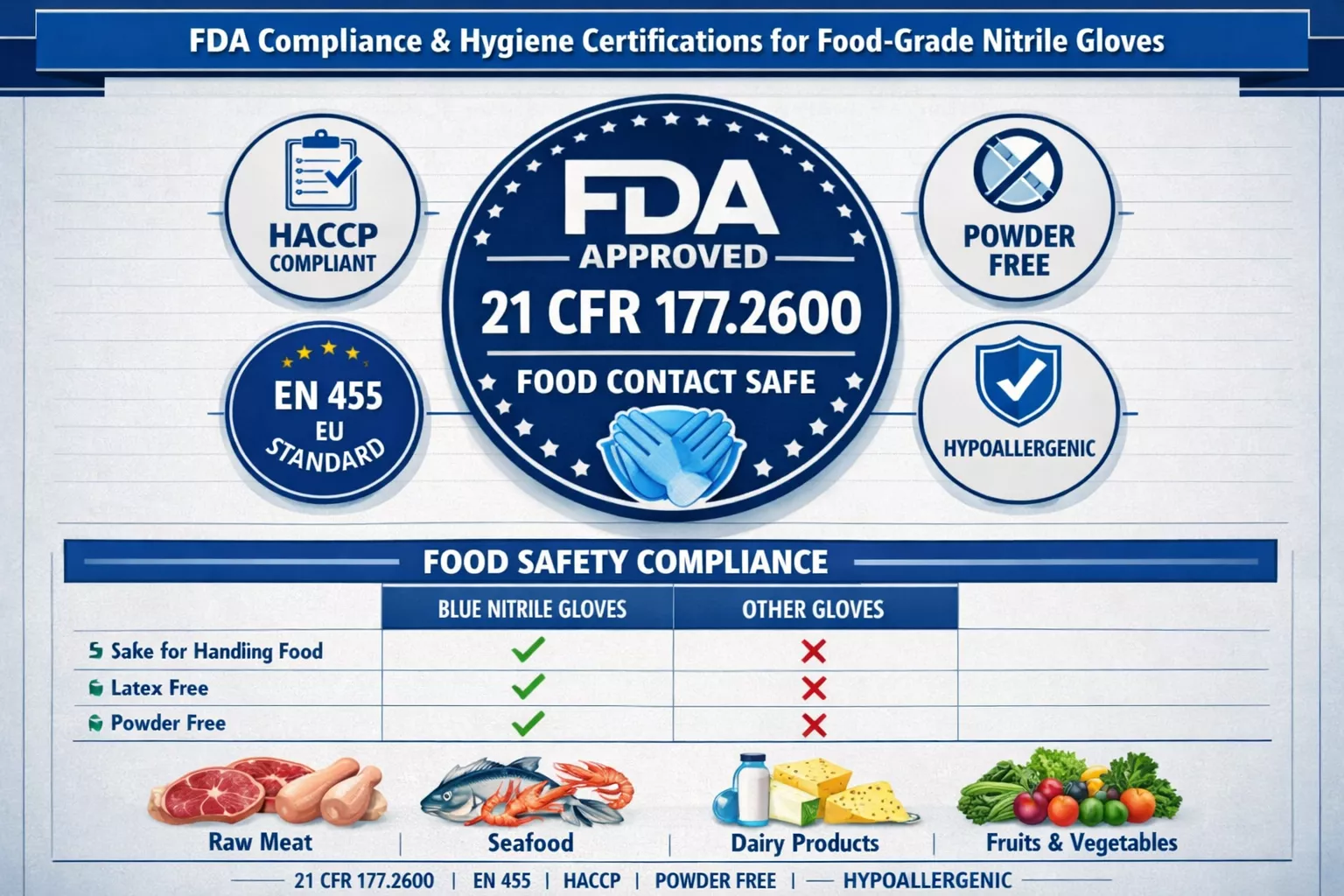 Wide () infographic displaying FDA compliance standards and hygiene certifications for food-grade nitrile gloves. Central
