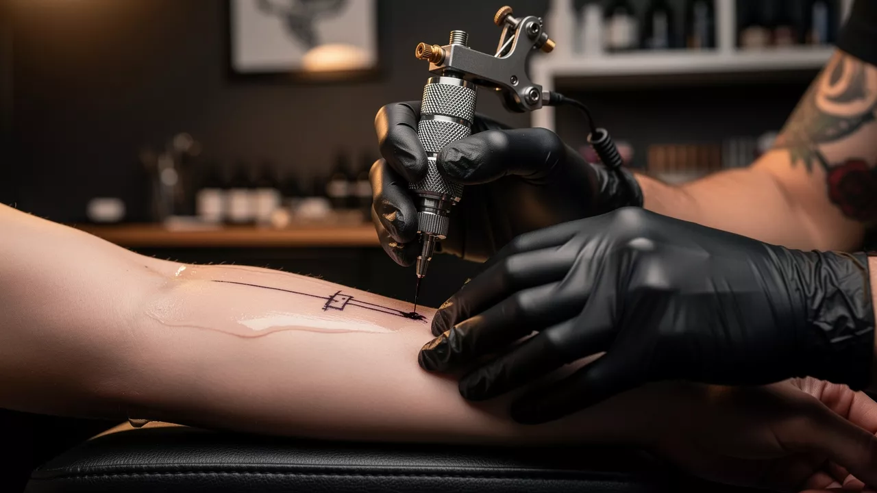 Tattoo artist wearing black nitrile gloves with tattoo machine
