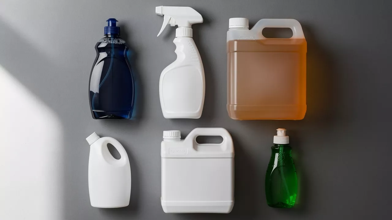 Assorted cleaning product bottles arranged on gray surface