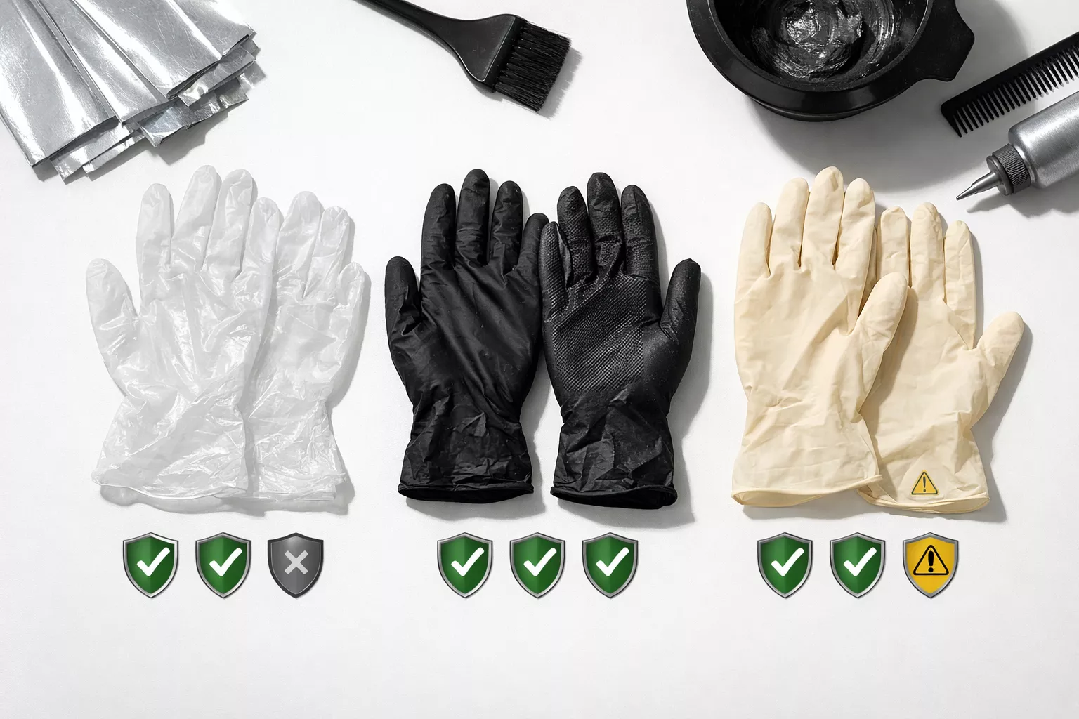 () comparison scene showing three distinct glove types side by side on a modern salon workstation, left section displays