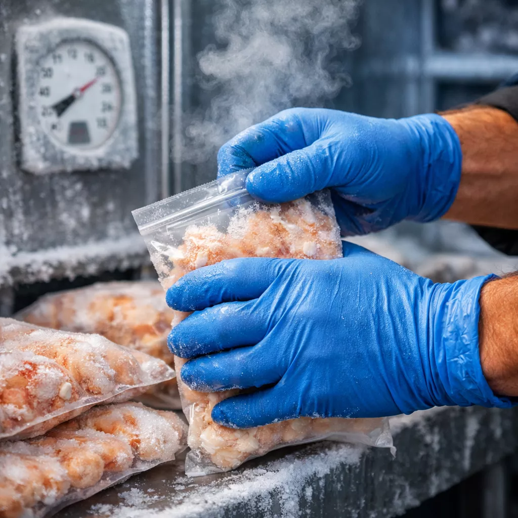 () detailed close-up photograph of worker's hands wearing blue nitrile disposable gloves handling frozen food products in