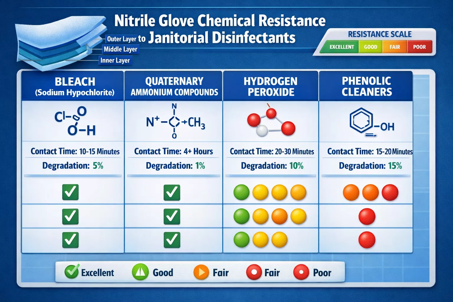 () detailed comparison chart showing chemical resistance ratings for nitrile gloves against common janitorial disinfectants
