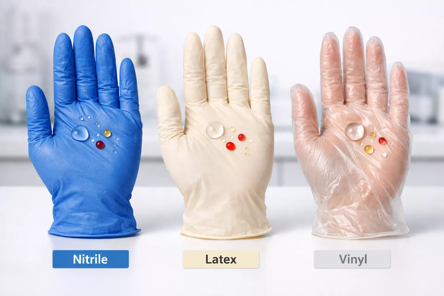 () detailed comparison visualization showing three distinct glove types side-by-side on clean white medical surface: blue