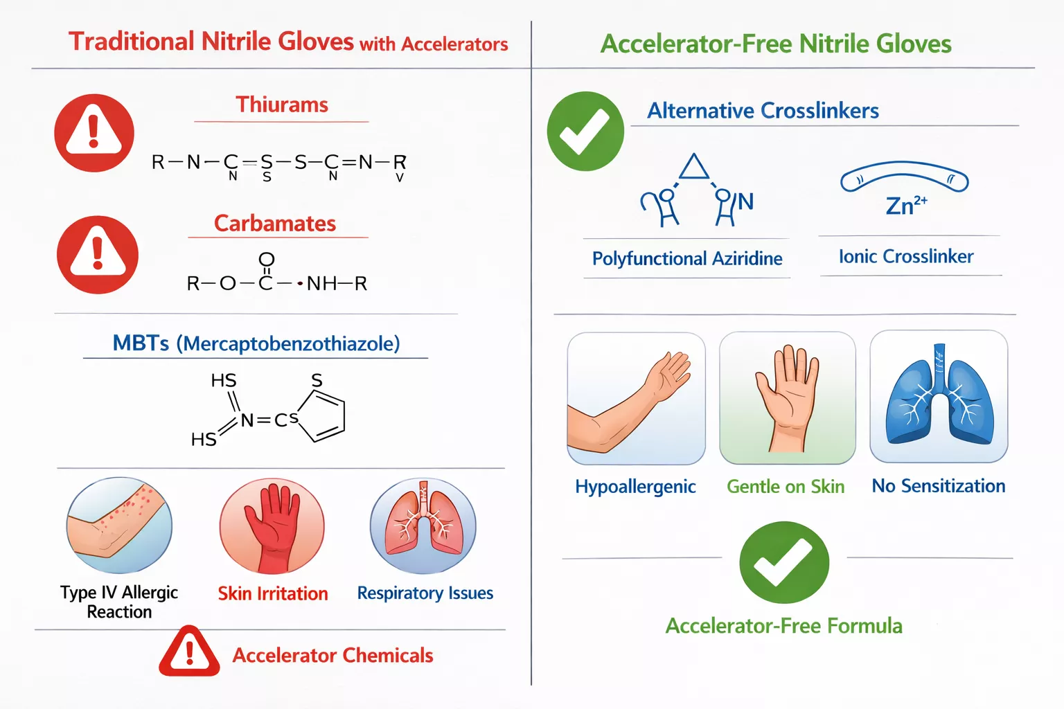 () detailed infographic showing chemical structure comparison between traditional nitrile gloves with accelerators