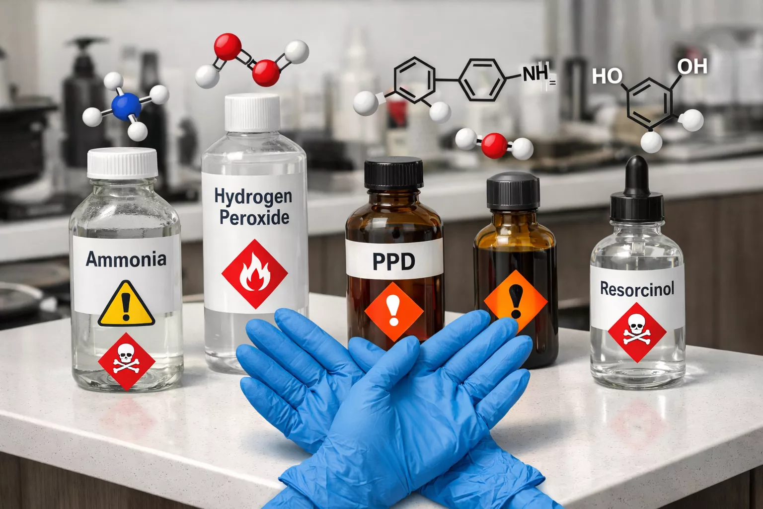 () detailed infographic-style image displaying various harmful salon chemicals in clear glass bottles and containers