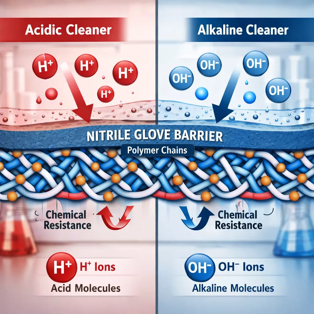 () detailed scientific illustration showing a cross-sectional diagram of nitrile glove material at molecular level with