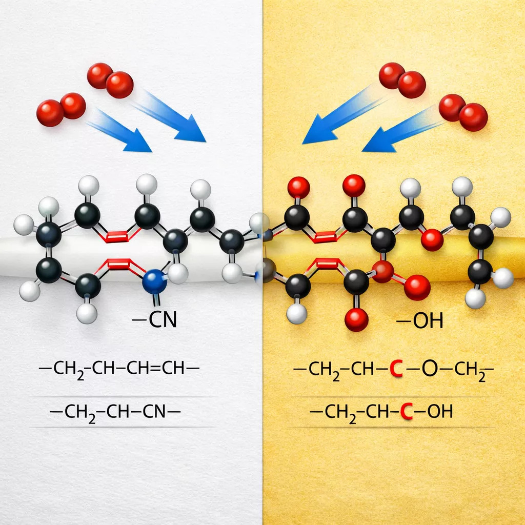 () detailed scientific illustration showing the molecular structure of acrylonitrile butadiene polymer with double bonds