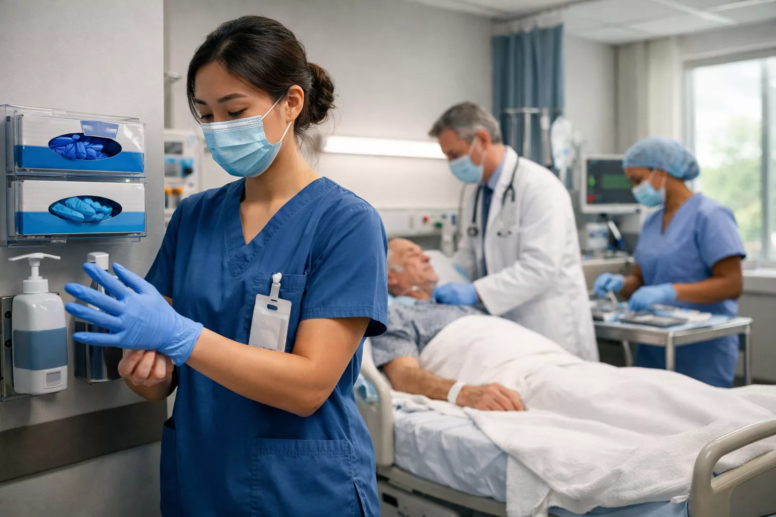 () dynamic hospital scene showing diverse healthcare team in action: nurse in foreground donning fresh blue nitrile gloves