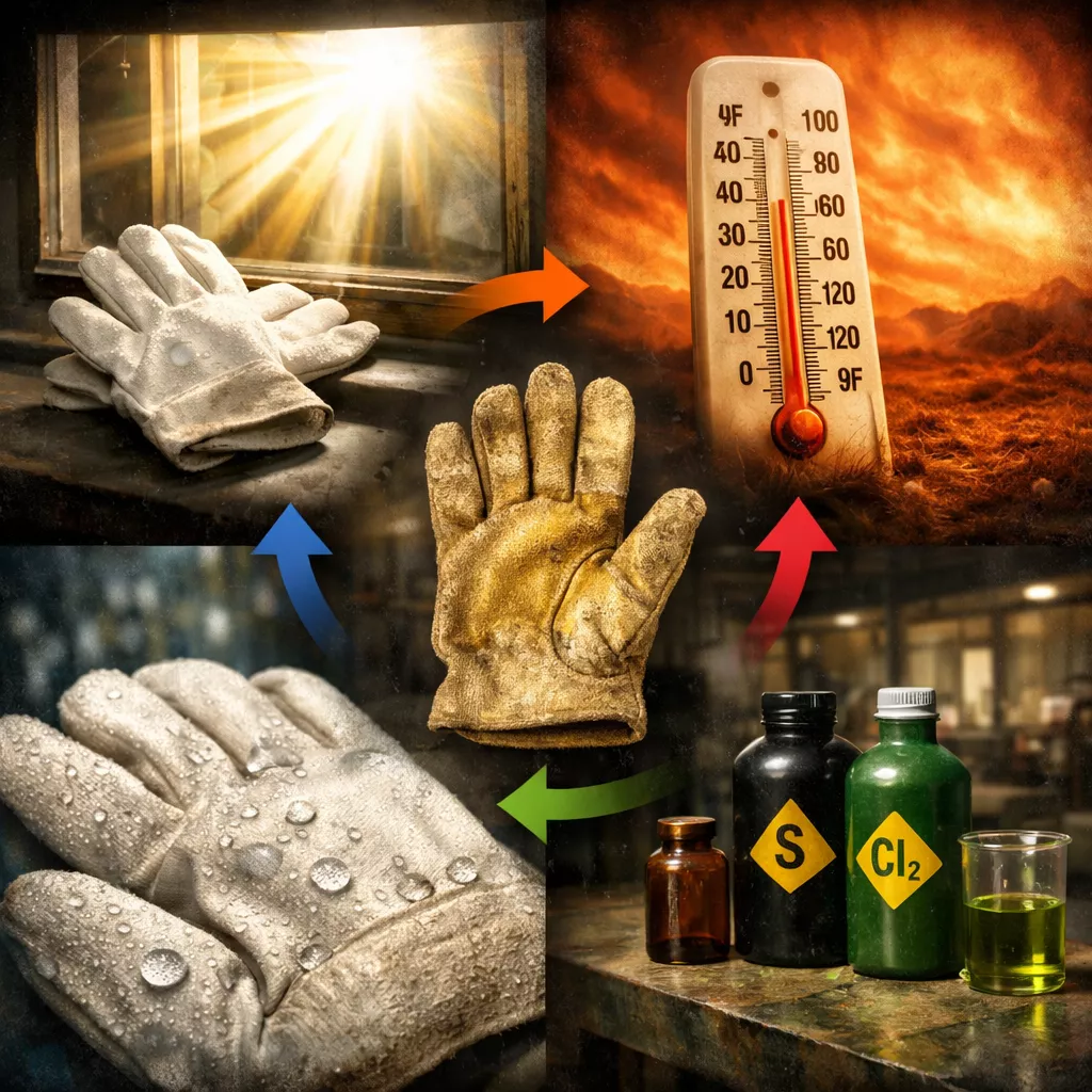 () environmental factors infographic showing four distinct quadrants: top-left displays intense sunlight rays hitting white