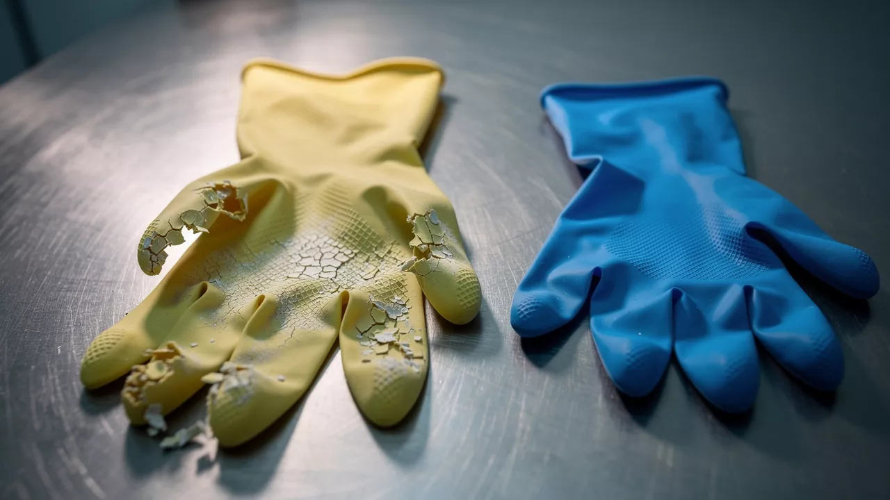 Degraded expired nitrile glove showing yellowing and cracks