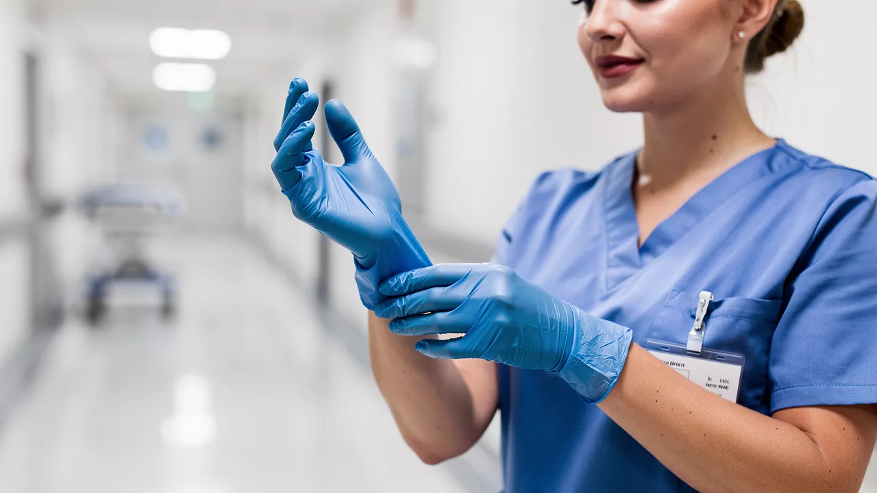 Healthcare worker putting on a fresh nitrile glove