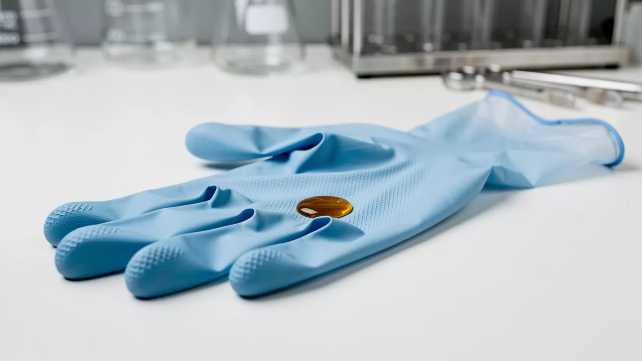 Nitrile glove with chemical droplet on lab bench