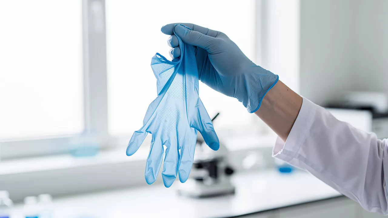 Inspecting a nitrile glove held up to natural light