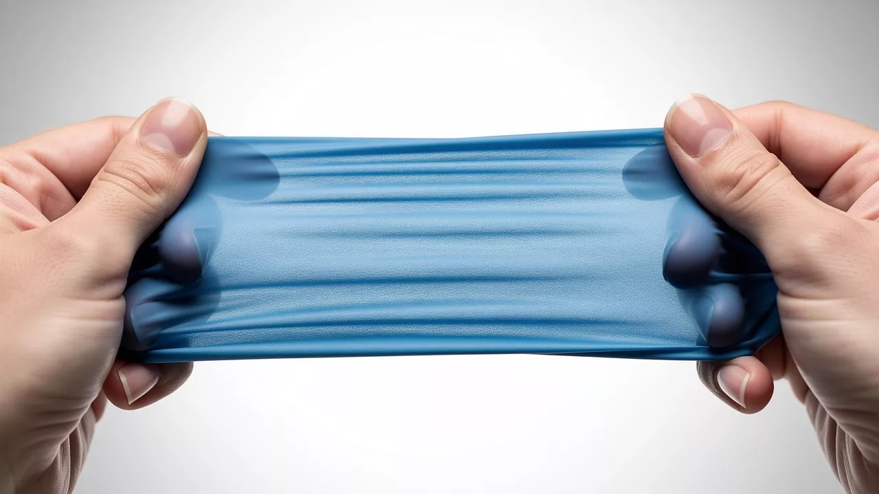 Hands stretching a nitrile glove to test elasticity