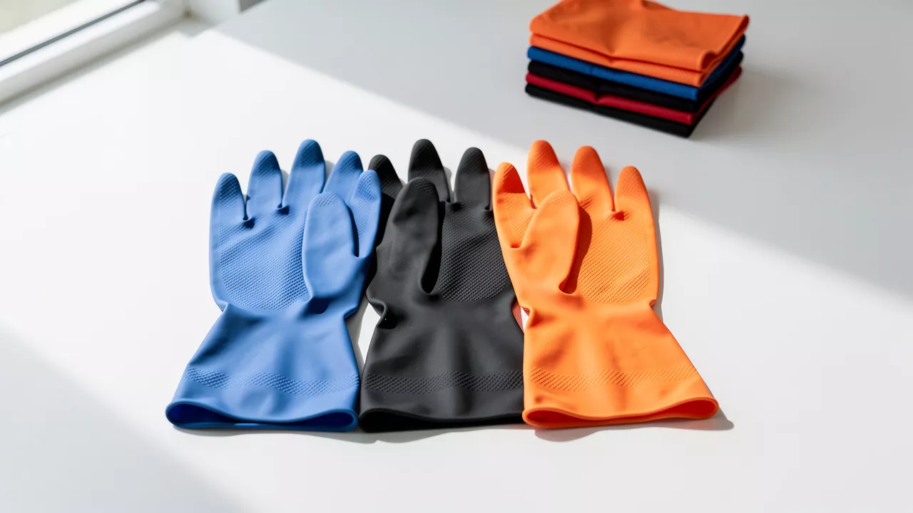 Blue, black, and orange nitrile gloves displayed side by side