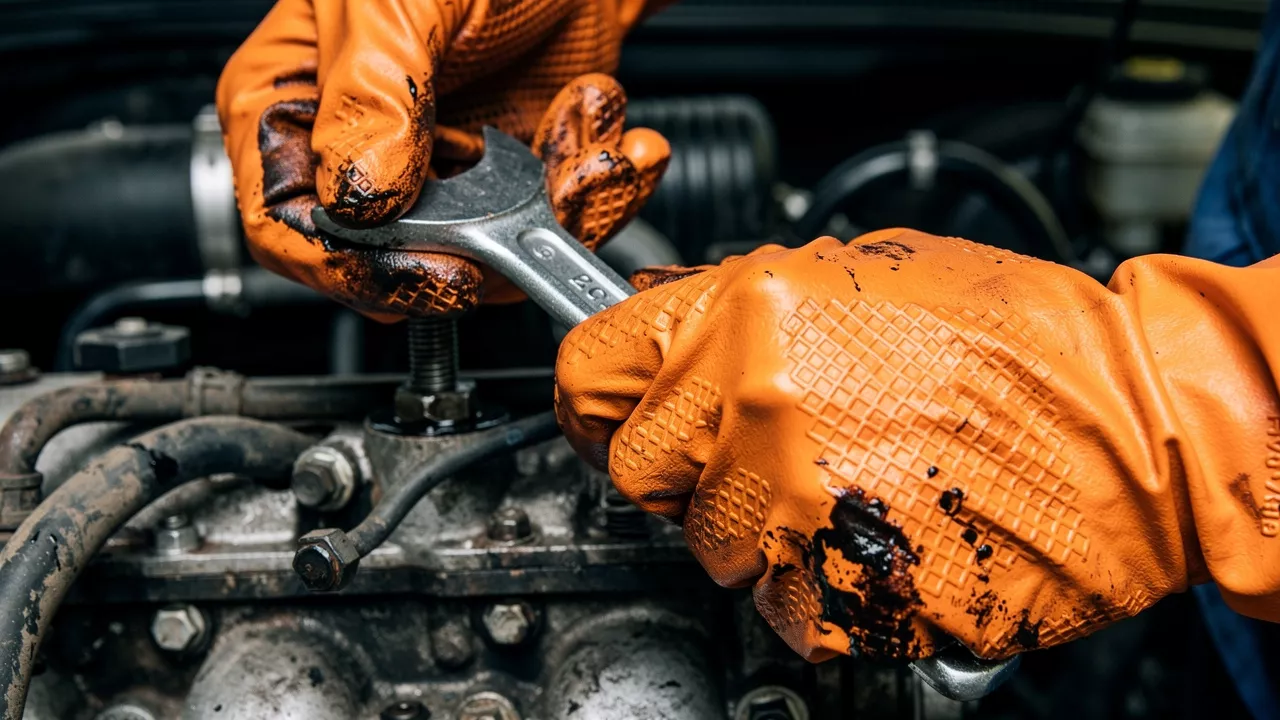 Mechanic wearing thick orange nitrile gloves working on car engine