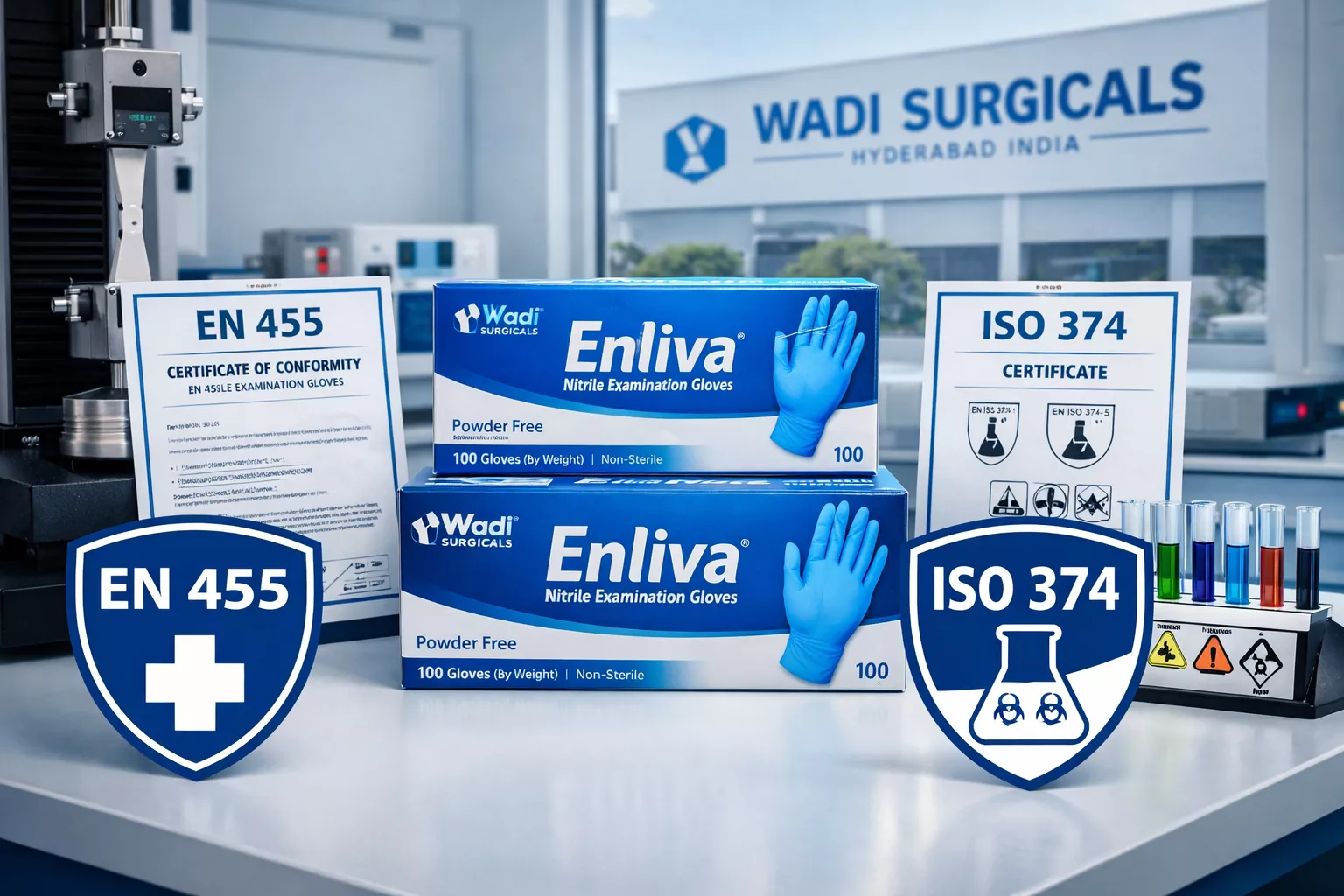 () photograph of Enliva glove packaging and certification badges displayed on modern laboratory bench, EN 455 and ISO 374