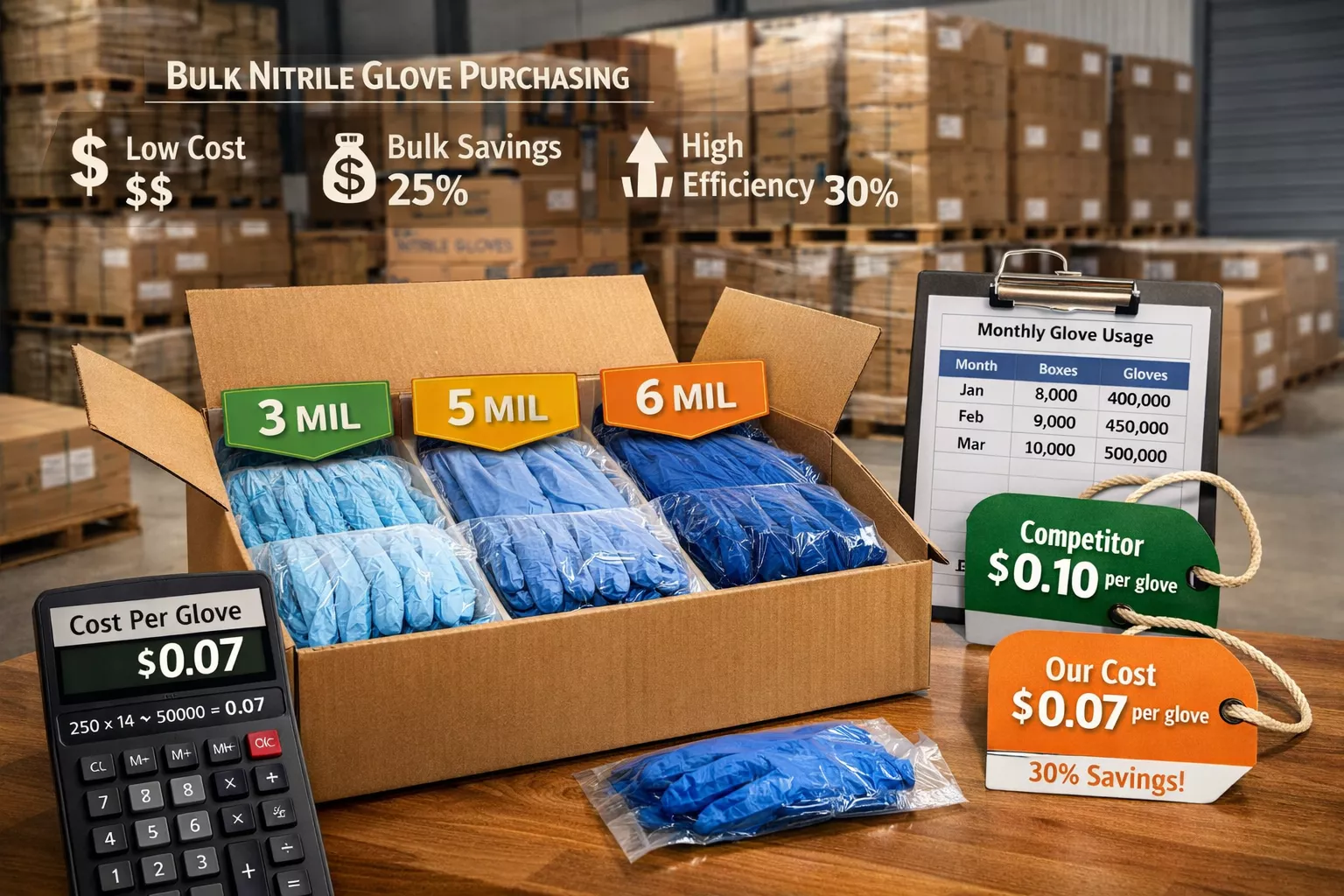 () professional photograph showing bulk nitrile glove purchasing strategy visualization with stacked boxes of gloves in
