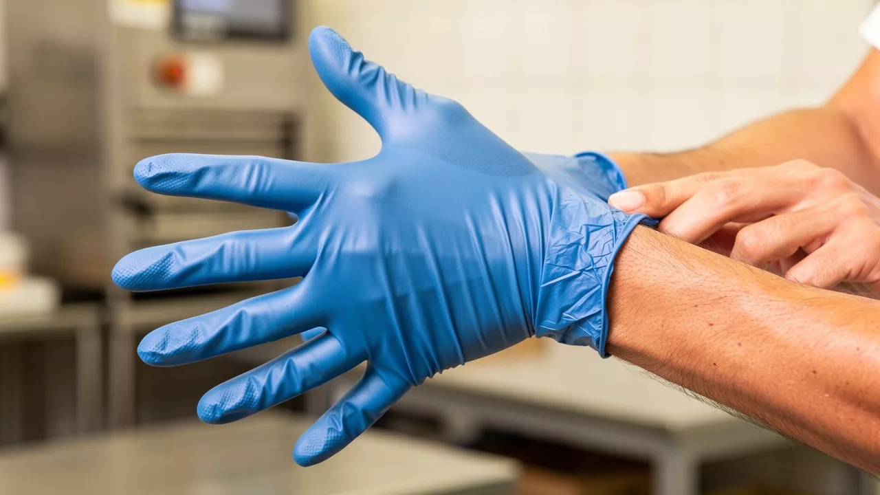 Worker properly fitting nitrile gloves in workplace setting