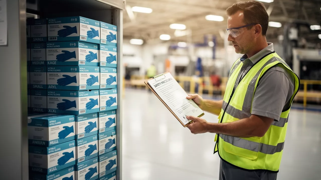 Safety manager reviewing documentation beside nitrile glove supply