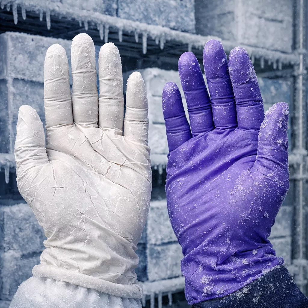 () technical comparison scene showing two hands side by side in extreme cold environment, left hand wearing white latex