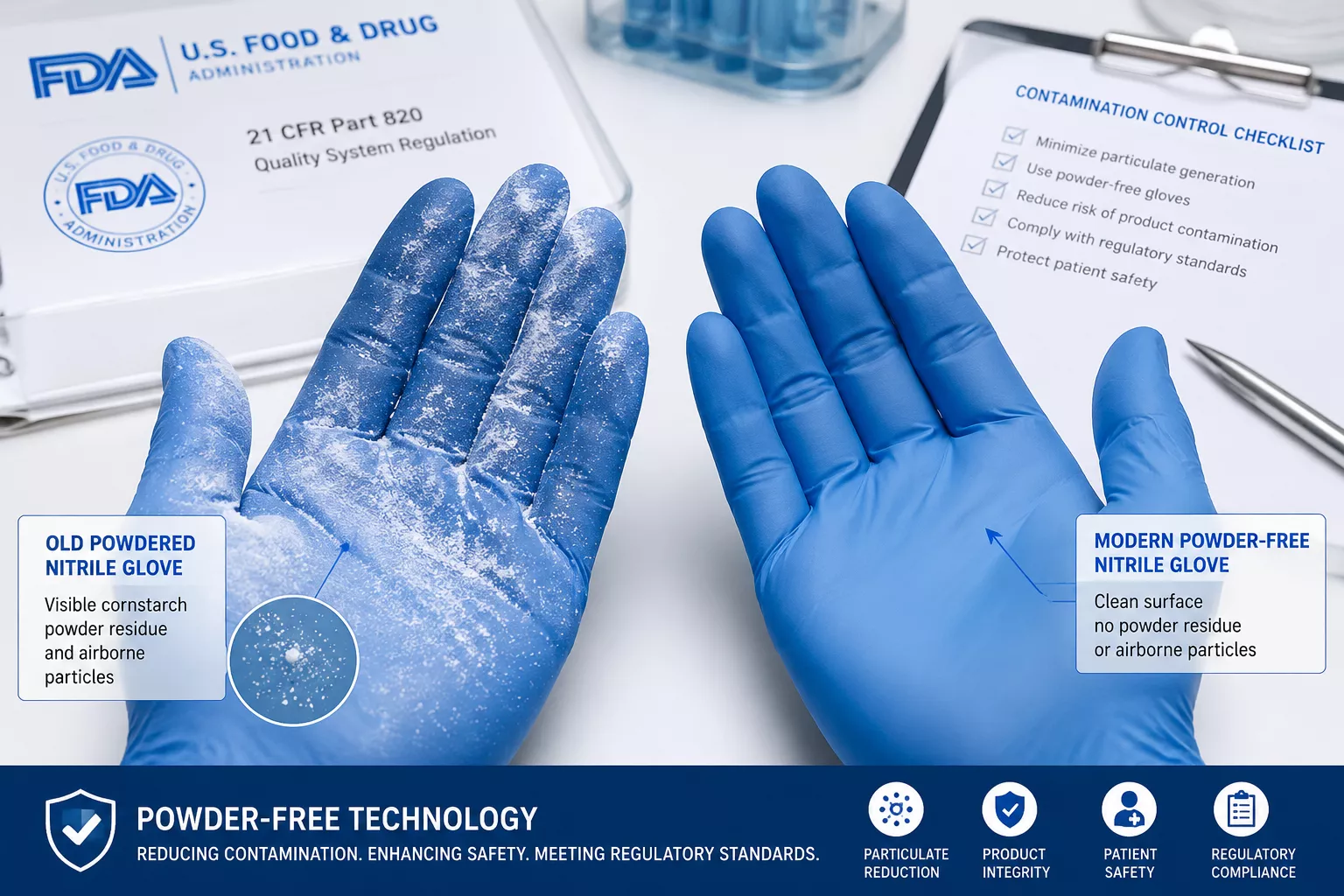 Detailed () editorial photograph showing close-up comparison of two nitrile gloves side by side on clean white laboratory
