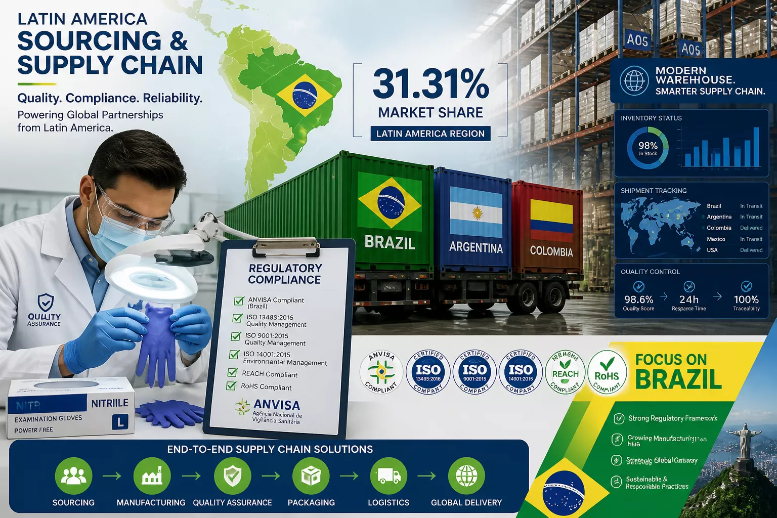Detailed () image depicting Latin American sourcing and supply chain concept with Brazil focus. Foreground shows quality