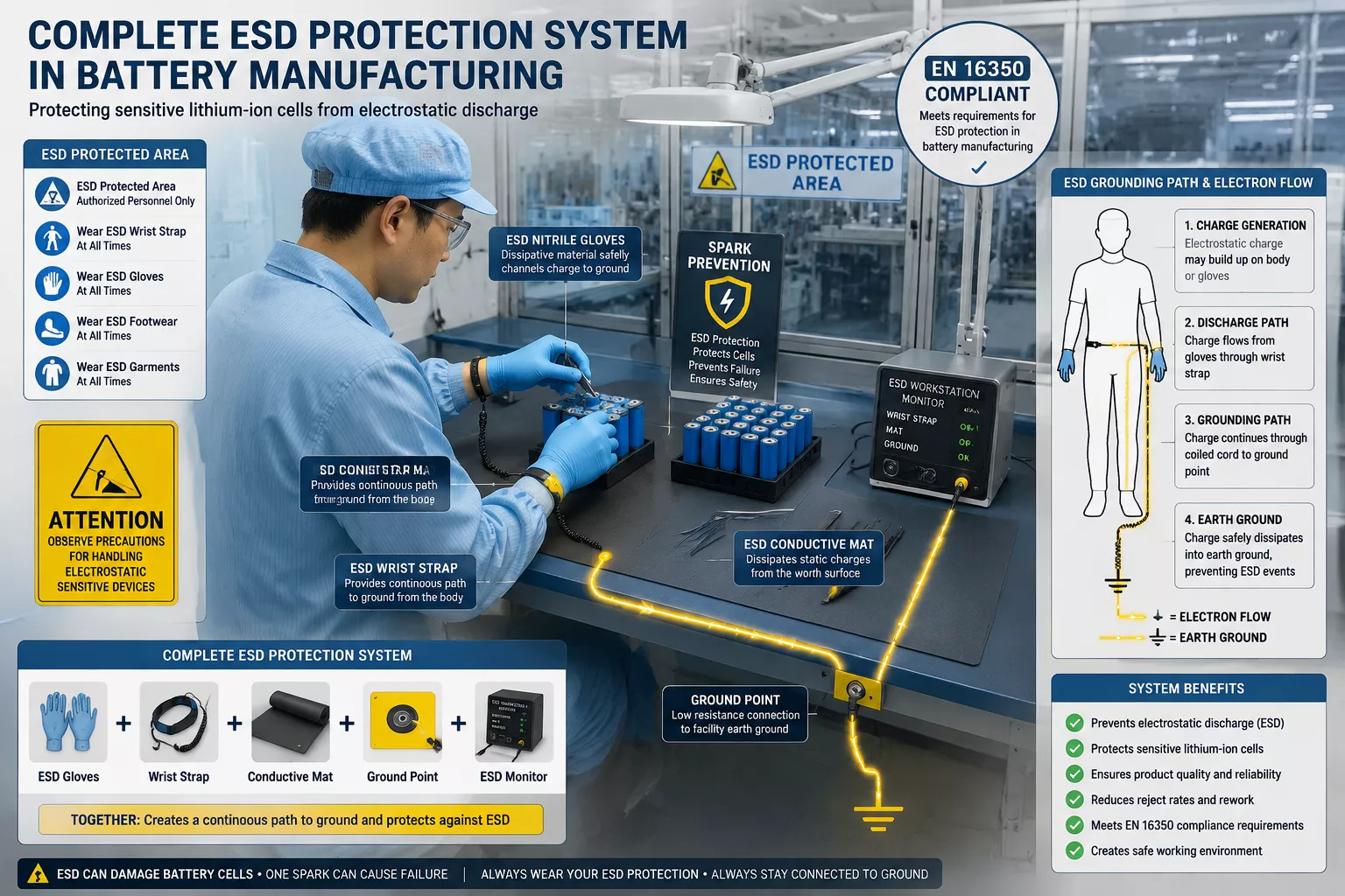 Detailed () image depicting complete ESD protection system in battery manufacturing environment: worker wearing blue ESD