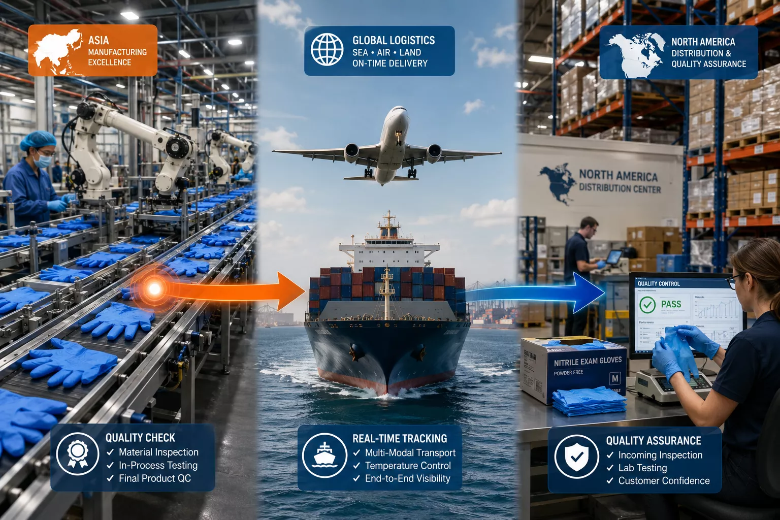 Detailed () image depicting global supply chain concept with three distinct zones: left side shows Asian manufacturing