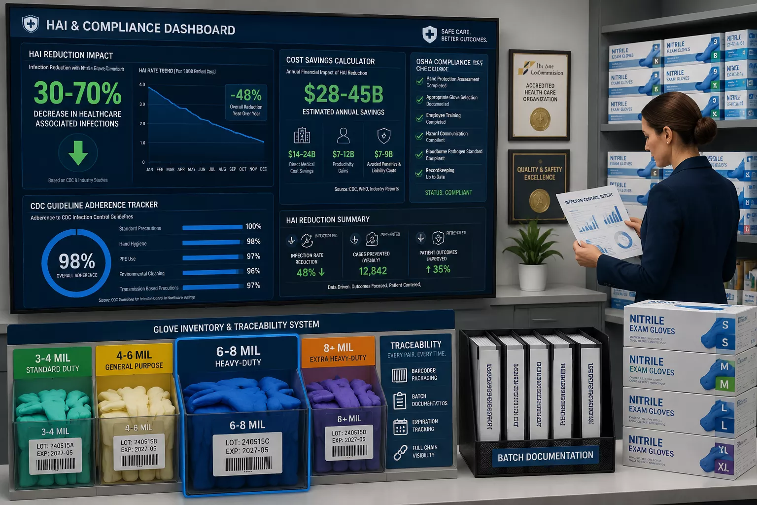 Detailed () image depicting hospital compliance dashboard on large monitor showing HAI reduction metrics: 30-70% infection