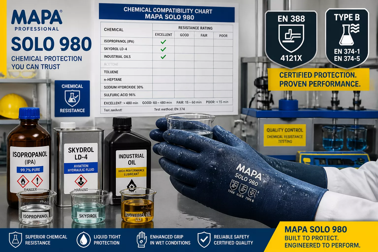 Detailed () image depicting industrial chemical resistance testing scene with MAPA Solo 980 gloves being exposed to various