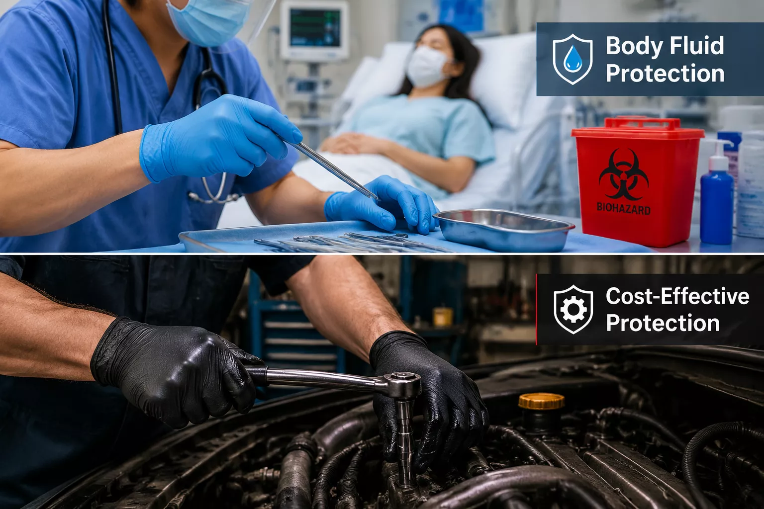 Detailed () image depicting real-world application scenarios for both glove types. Top half shows healthcare worker in