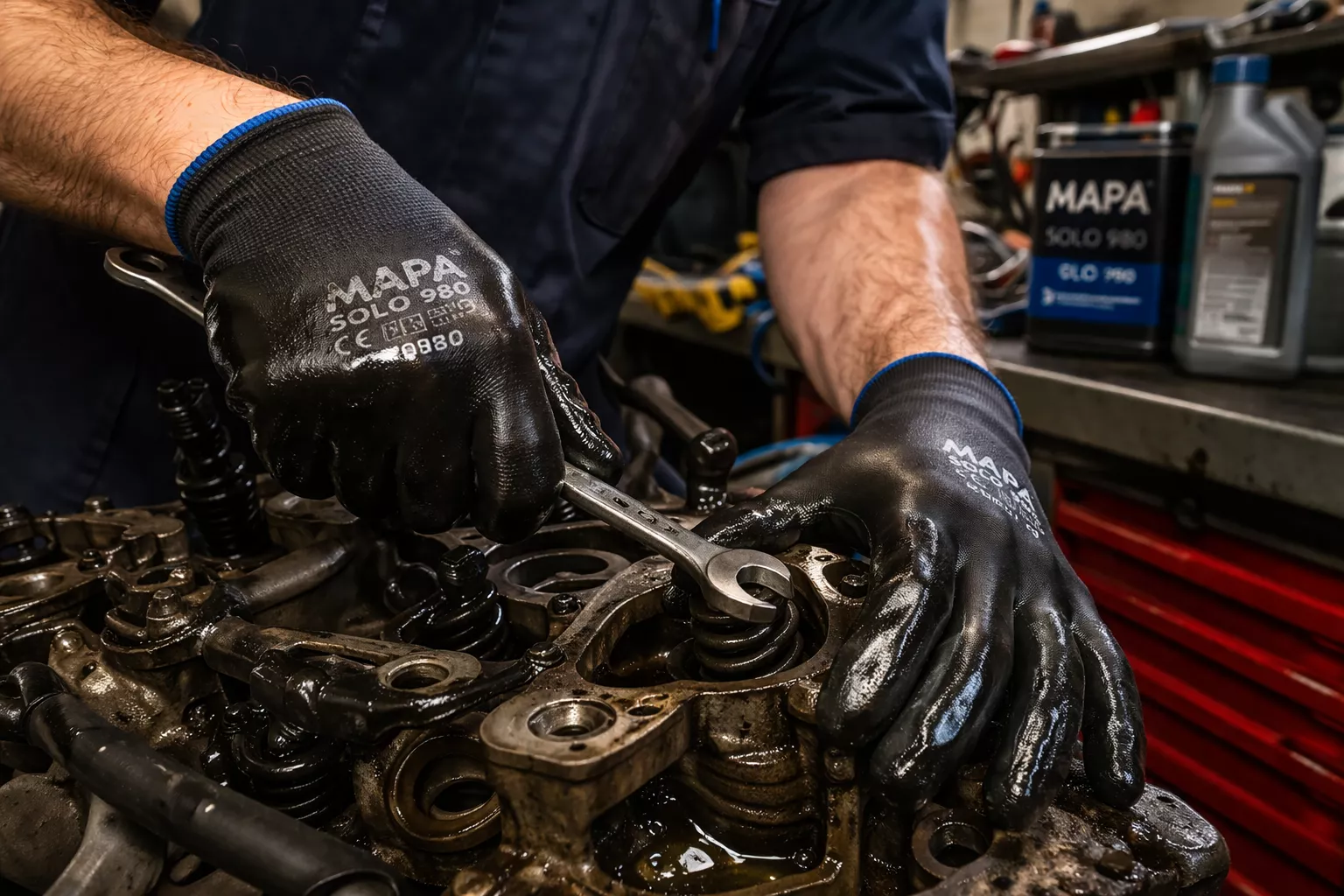 Detailed () image depicting real-world industrial application scene with worker wearing MAPA Solo 980 gloves handling oily