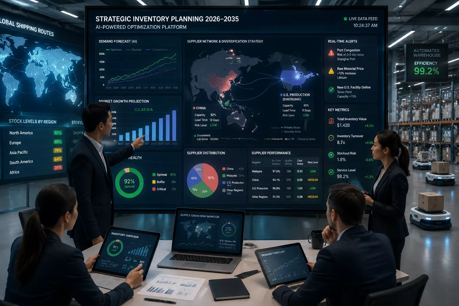 Detailed () image depicting strategic inventory planning dashboard for 2026-2035 period. Central focus: large digital screen