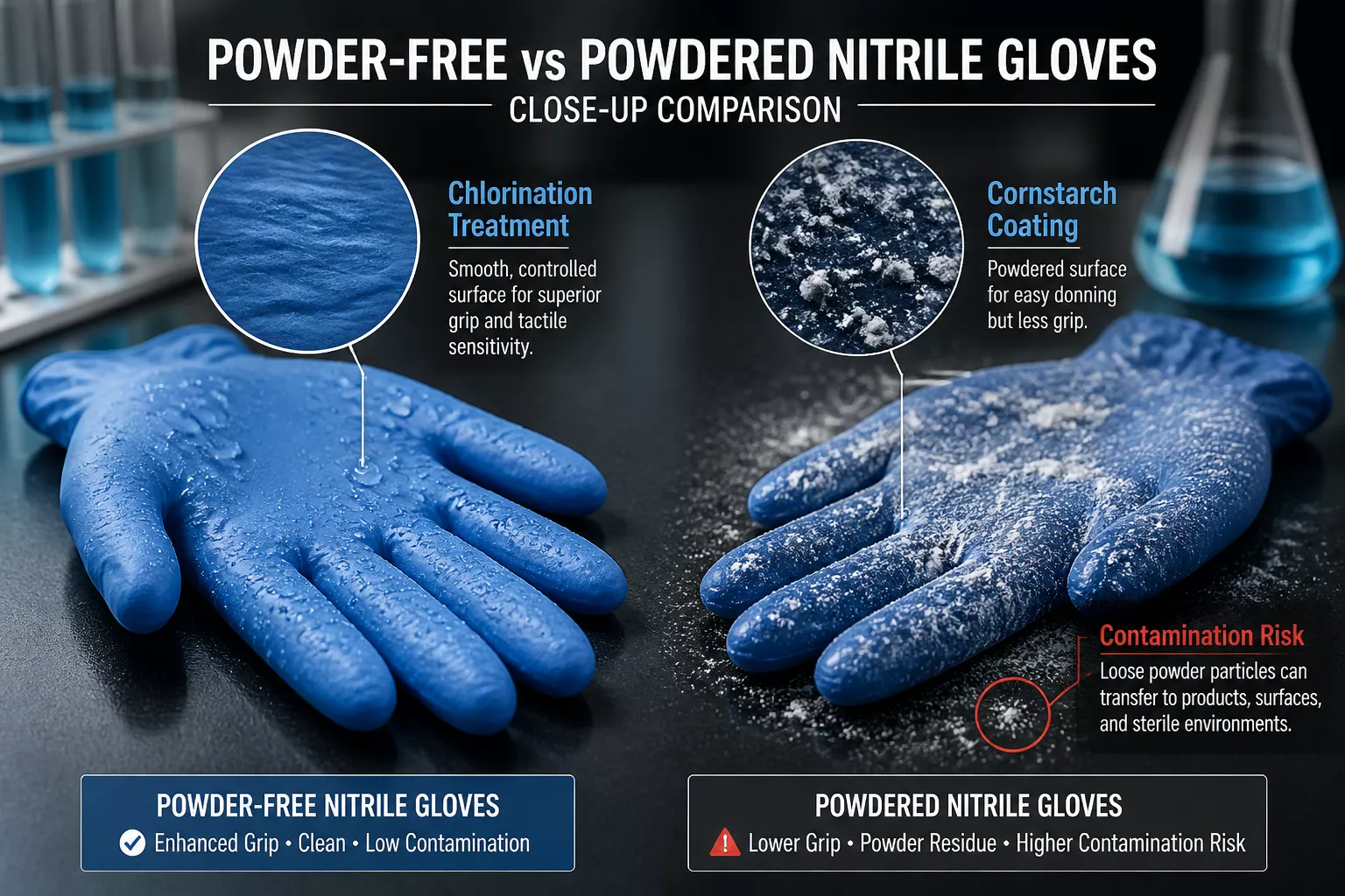 Detailed () image showing close-up comparison of powder-free and powdered nitrile gloves side by side on laboratory counter.