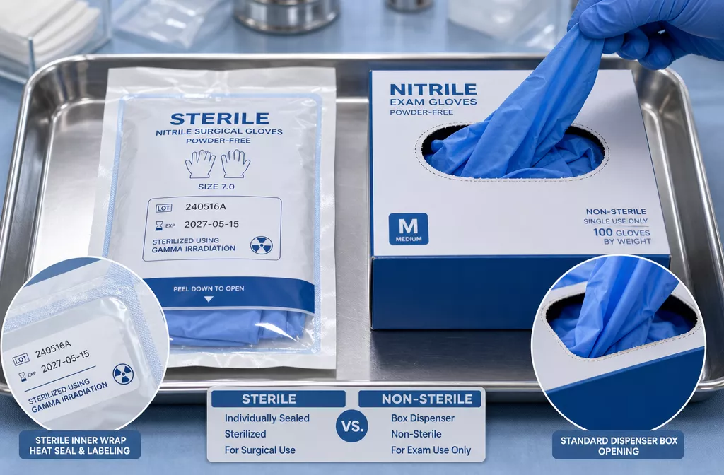 Detailed () image showing close-up comparison of sterile versus non-sterile nitrile glove packaging side by side on