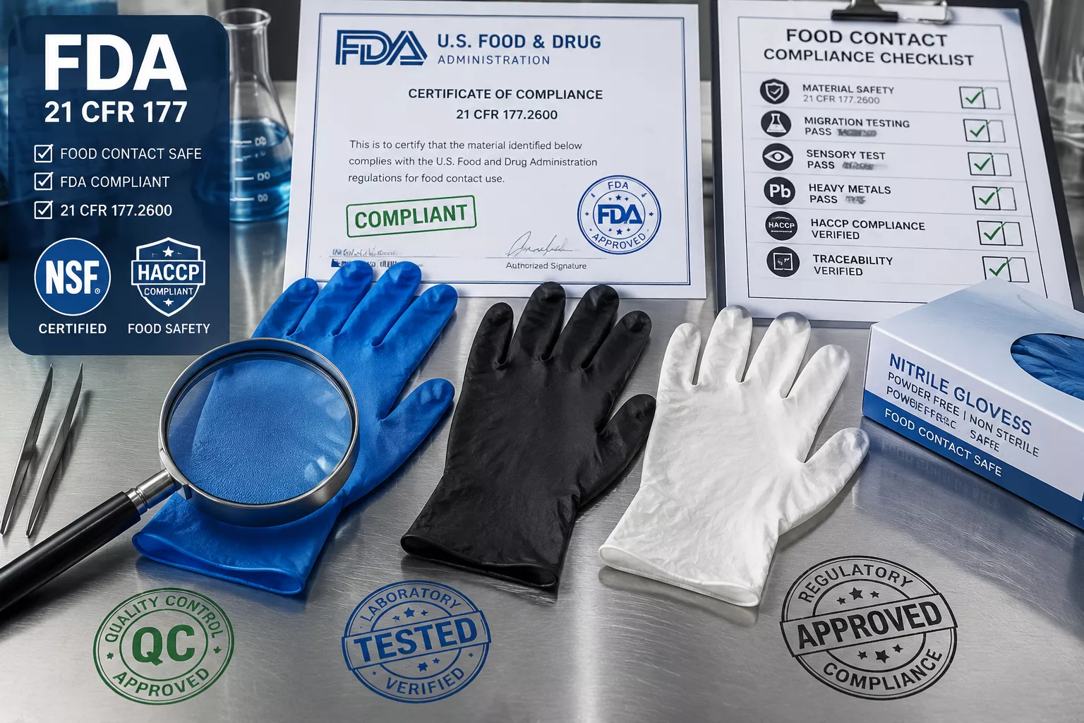 Detailed () image showing close-up comparison of three different colored nitrile gloves (blue, black, and white) laid flat